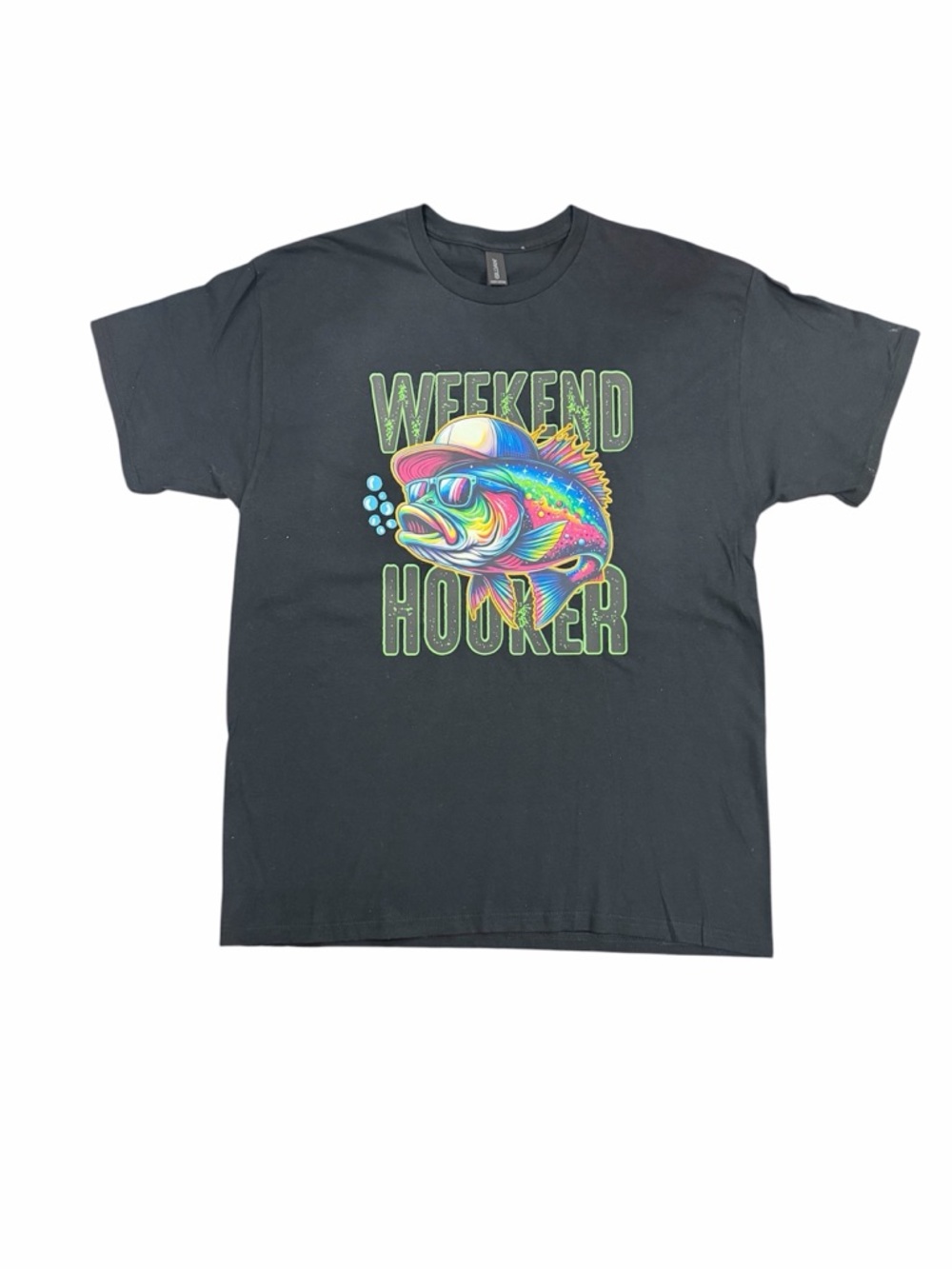Gildan Black T‑shirt with Neon Multicolor Fish Graphic - "Weekend Hooker"